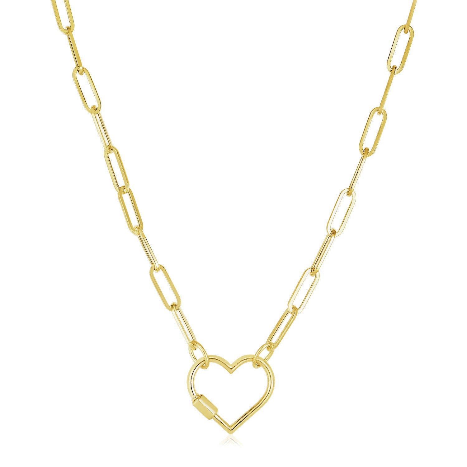 14k Yellow Gold Paperclip Chain Necklace with Heart Carabiner Clasp in a sleek high-contrast midnight luxury editorial style